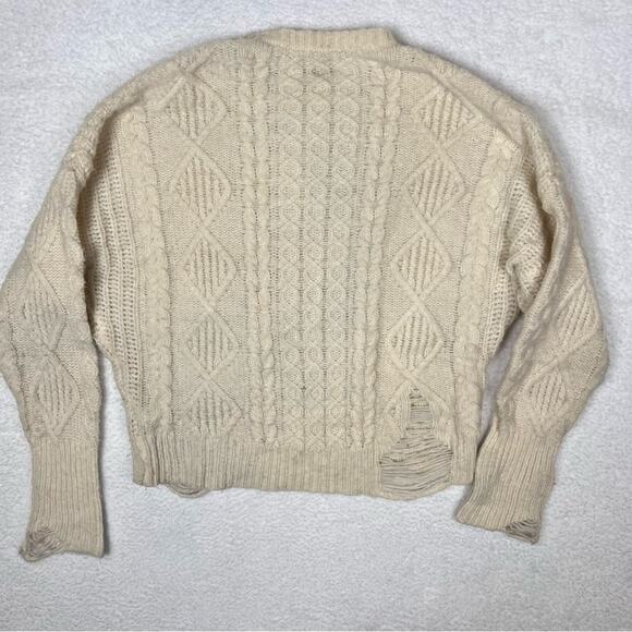 NSF Annabelle Boyfriend Distressed Cable Knit Sweater Chunky Cream Wool Medium - Picture 7 of 7